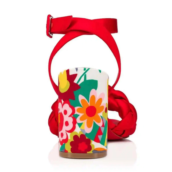 Christian Louboutin Brio 85 Red Floral Ankle Strap Sandal Block Heel Pump 37 - Picture 10 of 12